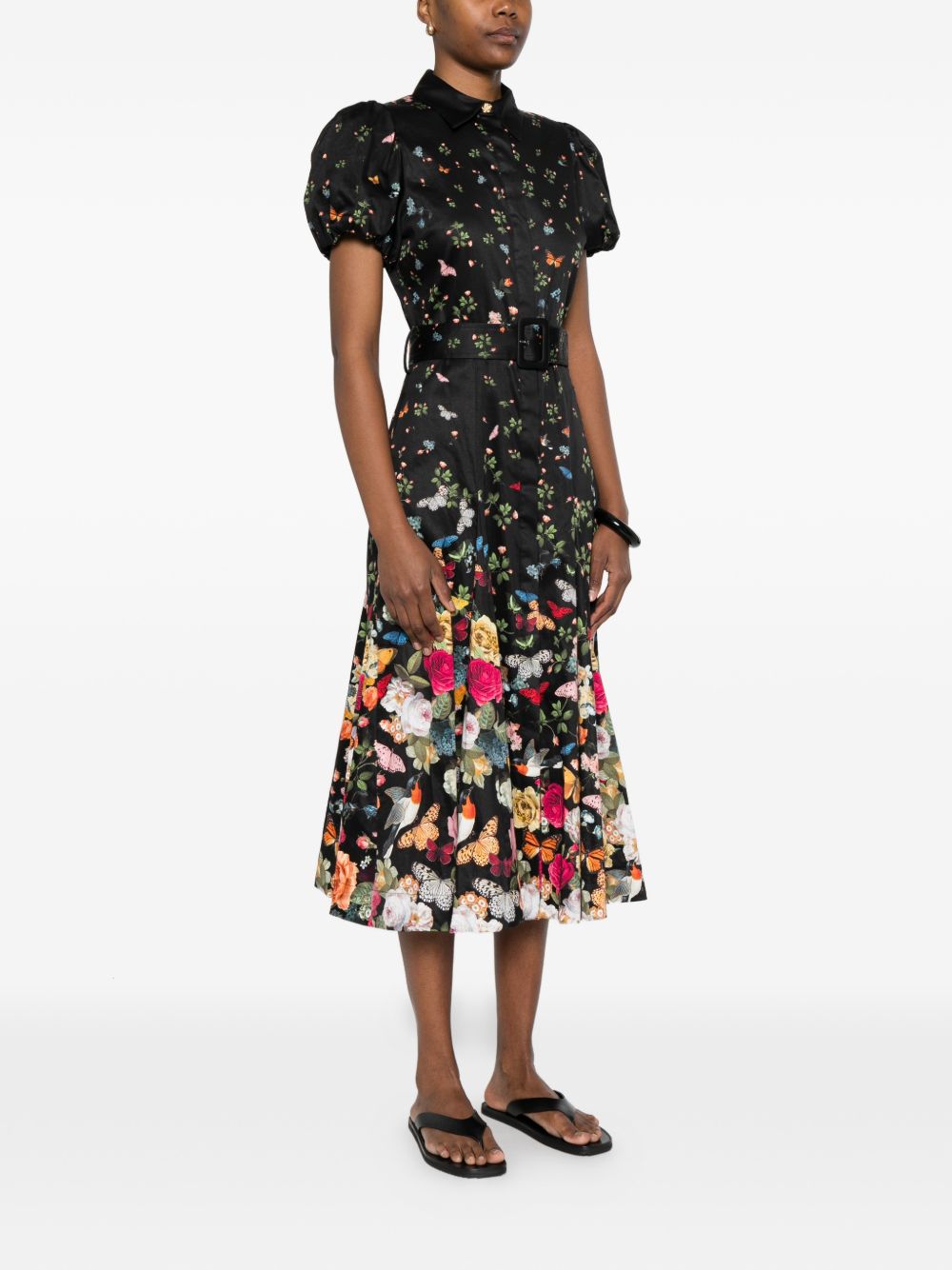 Alice + Olivia Floral Print Belted Midi Dress Black