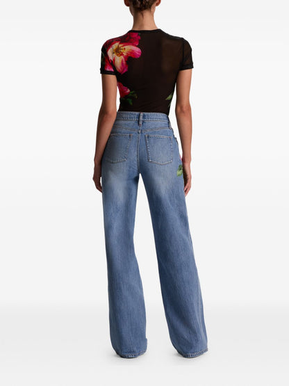 Alice + Olivia Embroidered Floral Denim Jeans Clear Blue