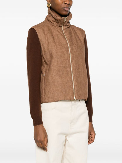 HERNO Sleeveless Zip Funnel Vest Leather Brown