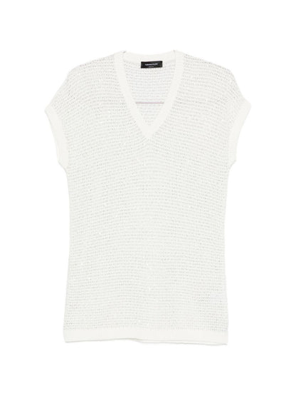 Fabiana Filippi V-neck short sleeves sequin embellishments Openwork top WHITE
