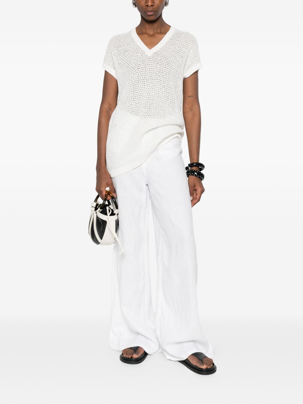 Fabiana Filippi V-neck short sleeves sequin embellishments Openwork top WHITE