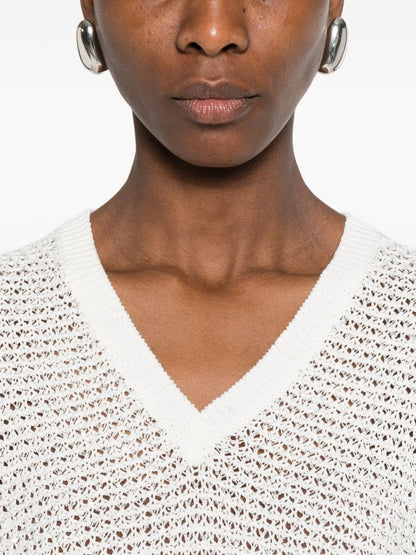 Fabiana Filippi V-neck short sleeves sequin embellishments Openwork top WHITE