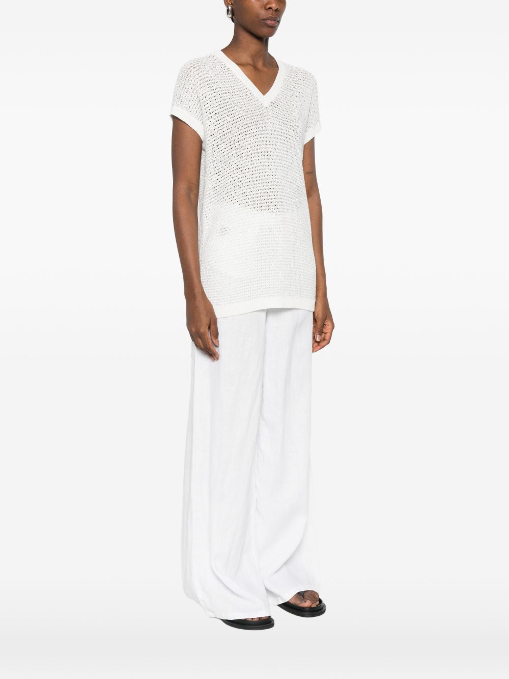 Fabiana Filippi V-neck short sleeves sequin embellishments Openwork top WHITE