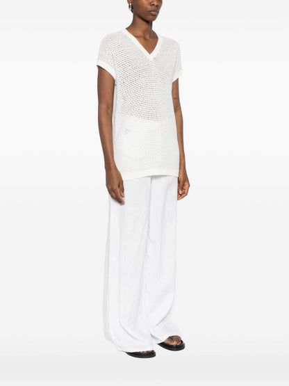 Fabiana Filippi V-neck short sleeves sequin embellishments Openwork top WHITE