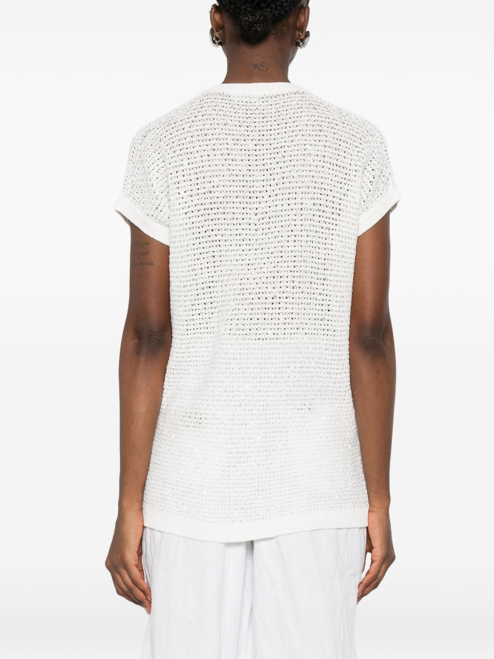 Fabiana Filippi V-neck short sleeves sequin embellishments Openwork top WHITE