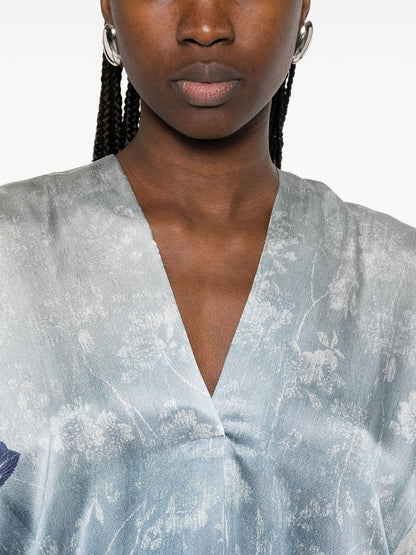 Pierre Louis Mascia V-neck, short sleeves, printed Pritned silk dress LIGHT BLUE