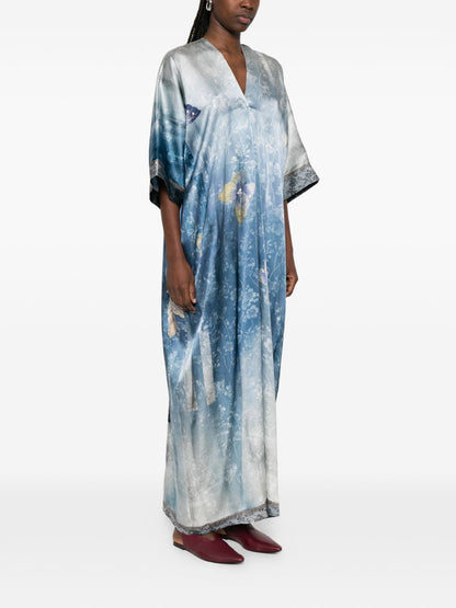 Pierre Louis Mascia V-neck, short sleeves, printed Pritned silk dress LIGHT BLUE