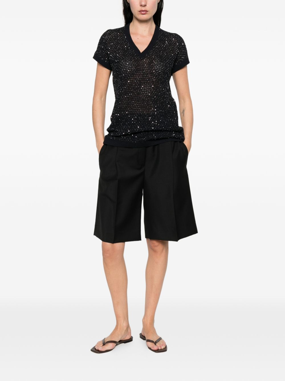 Fabiana Filippi V-neck short sleeves Embellished v-necked top NAVY