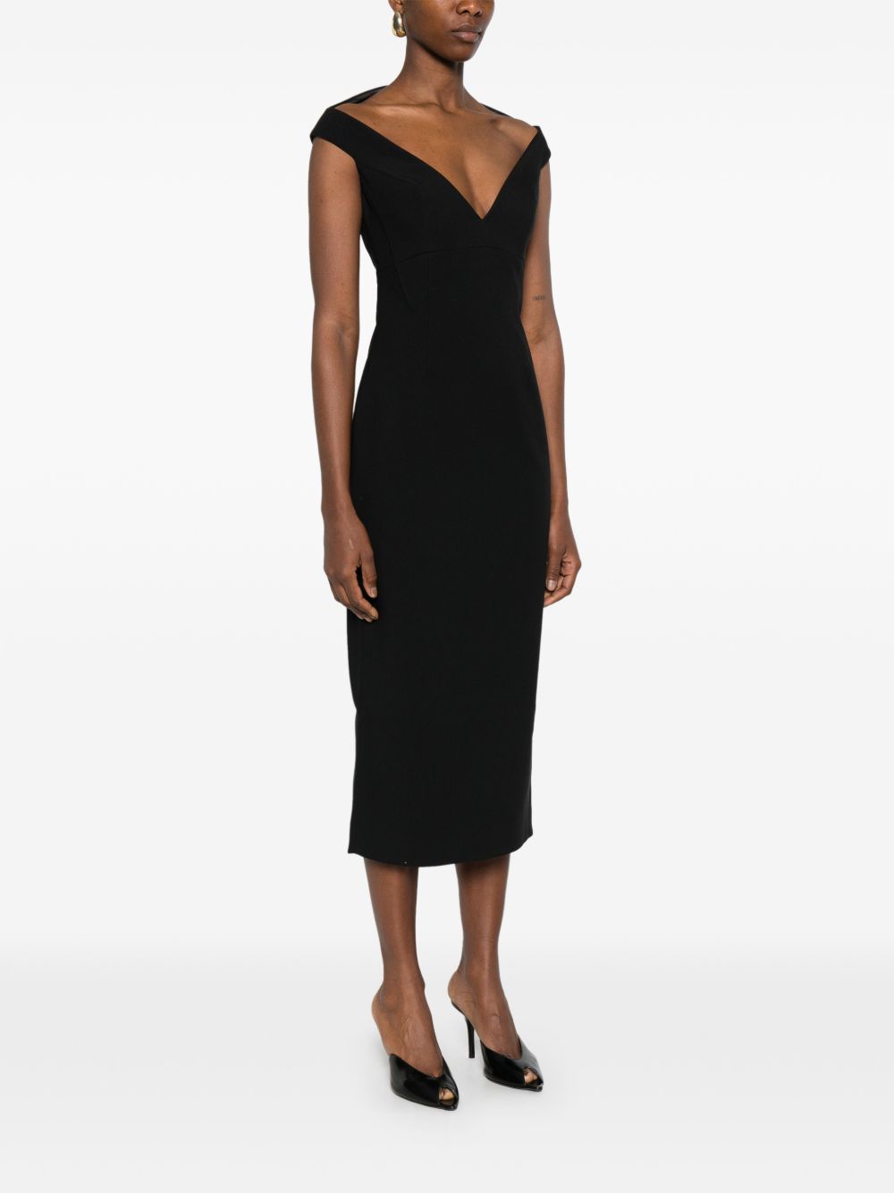 Solace London V-neck zip fastening Monica midi dress BLACK