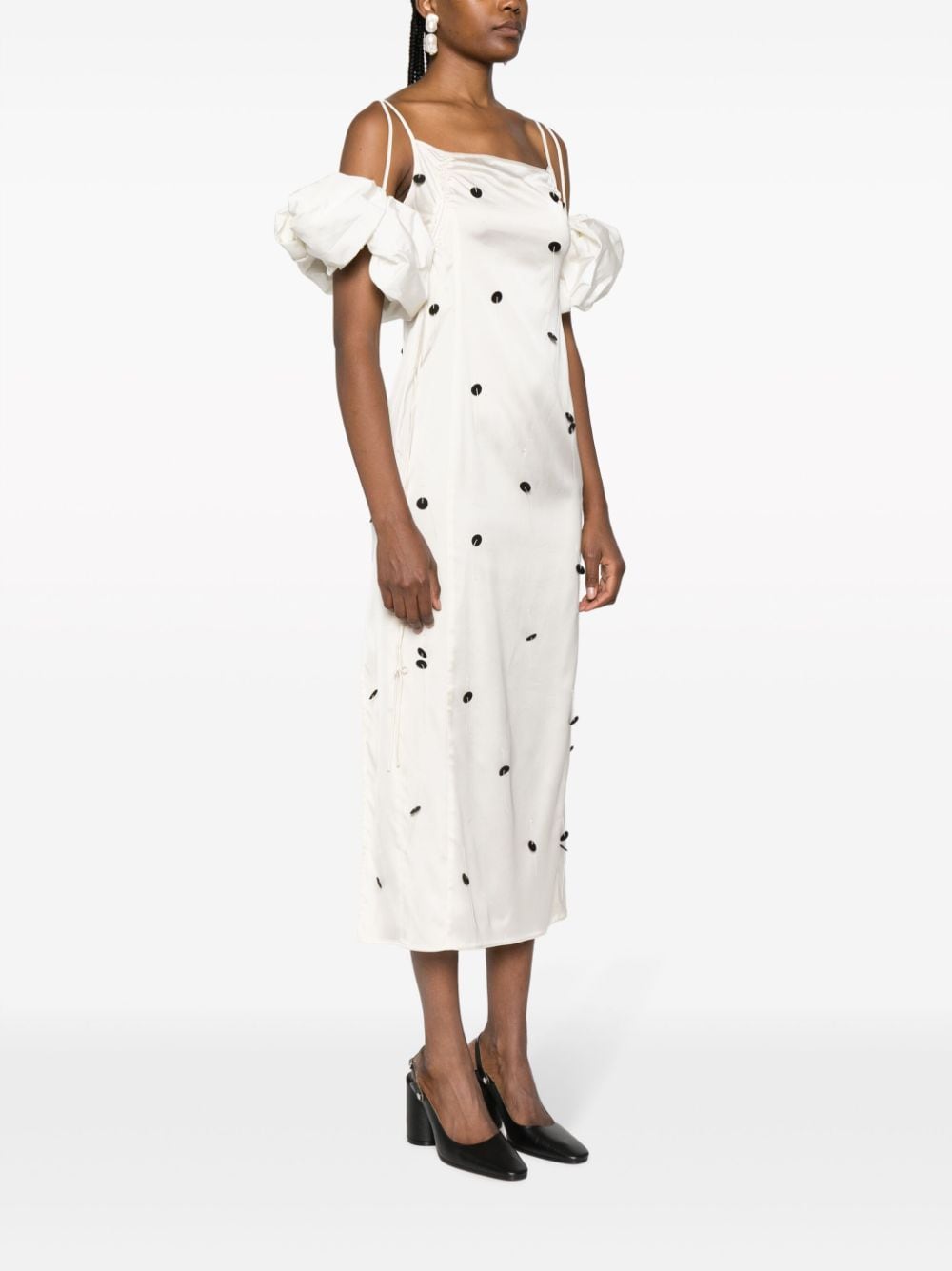 JACQUEMUS Chouchou Polka-Dot Satin Midi Dress White Black