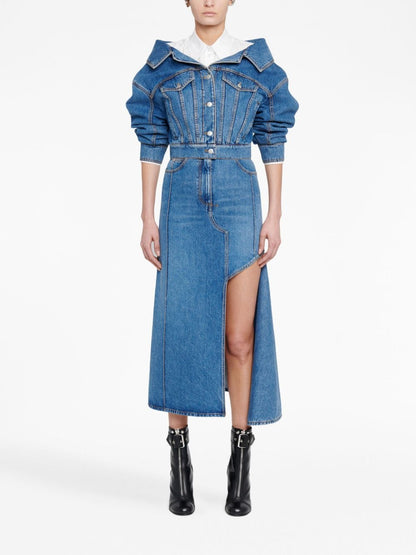 Alexander McQueen Denim Midi Skirt with Slashed Detailing Blue