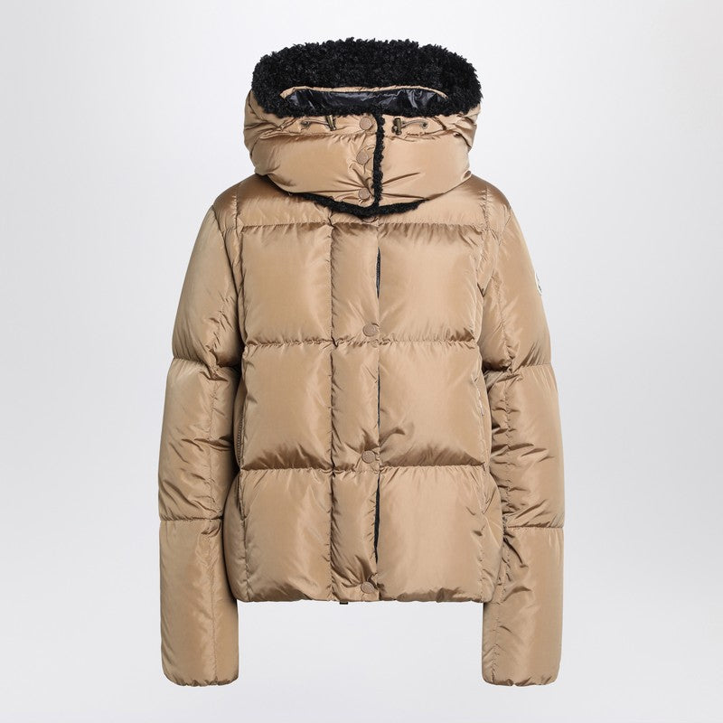 Moncler Beige Hooded Quilted Puffer Jacket with Shearling-Lined Removable Hood Beige