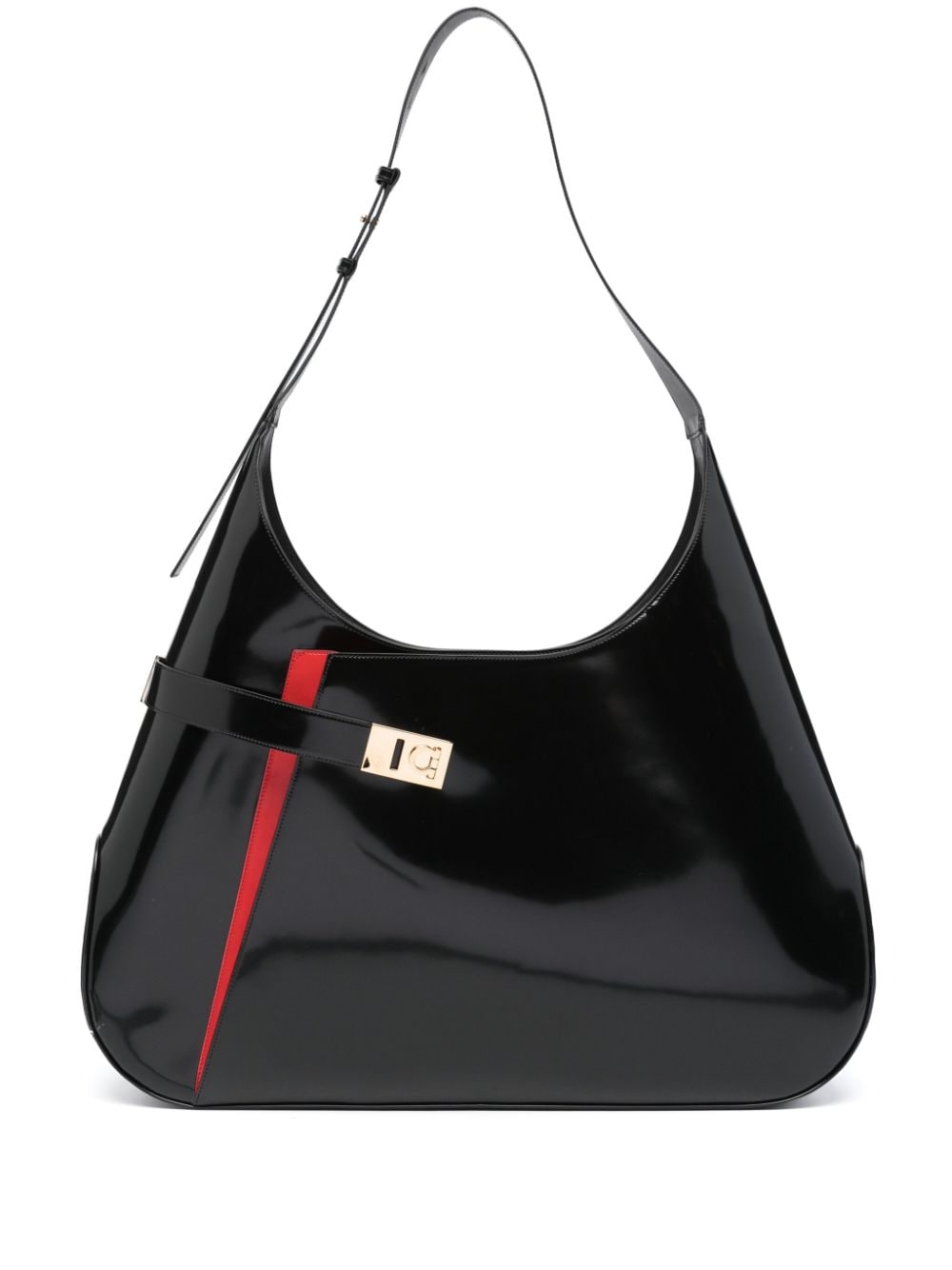 Ferragamo Extra Large Patent Leather Shoulder Hobo Bag Black