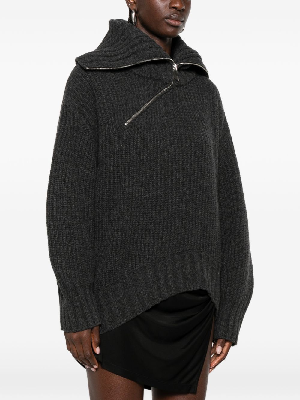 The Attico Asymmetric Zip Ribbed Sweater DARK GREY