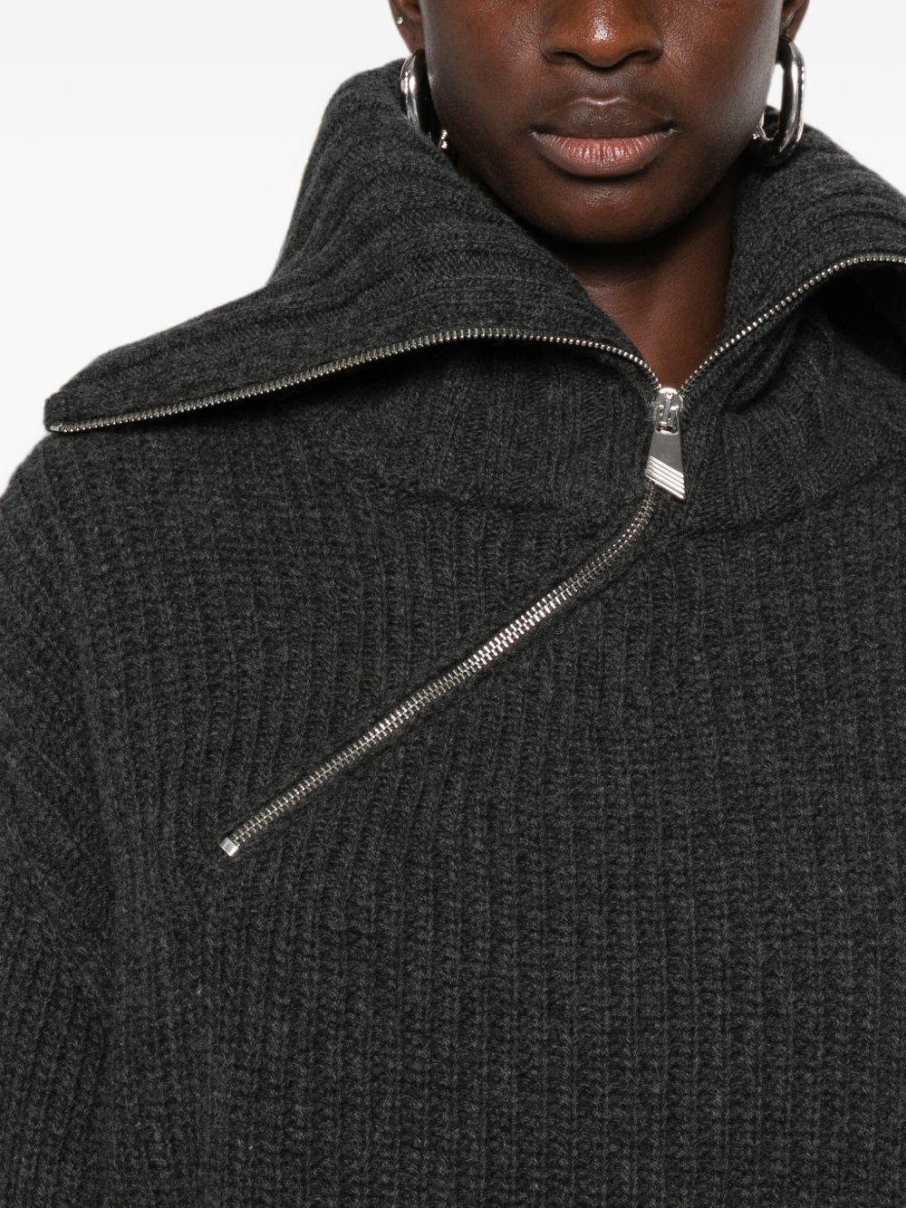 The Attico Asymmetric Zip Ribbed Sweater DARK GREY