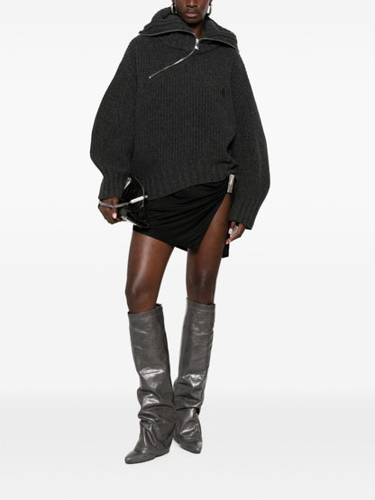 The Attico Asymmetric Zip Ribbed Sweater DARK GREY