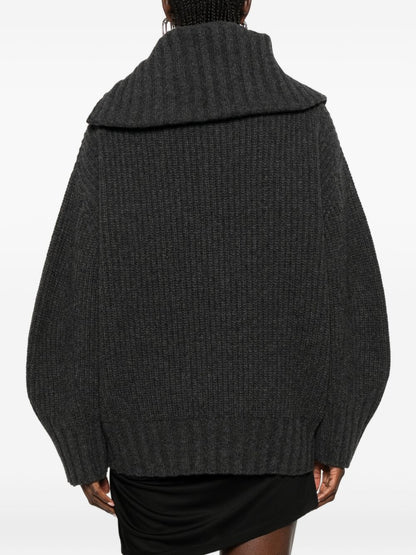 The Attico Asymmetric Zip Ribbed Sweater DARK GREY