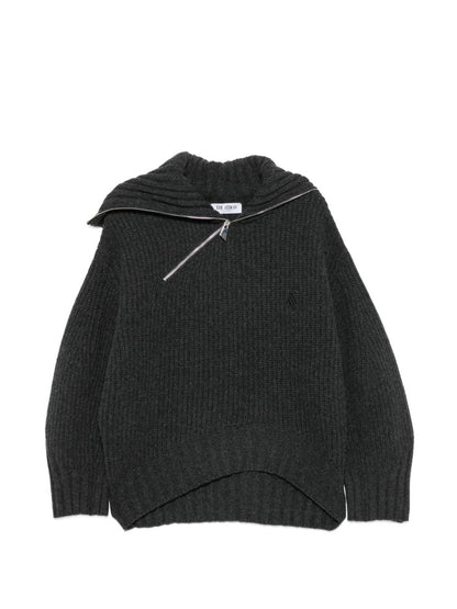 The Attico Asymmetric Zip Ribbed Sweater DARK GREY