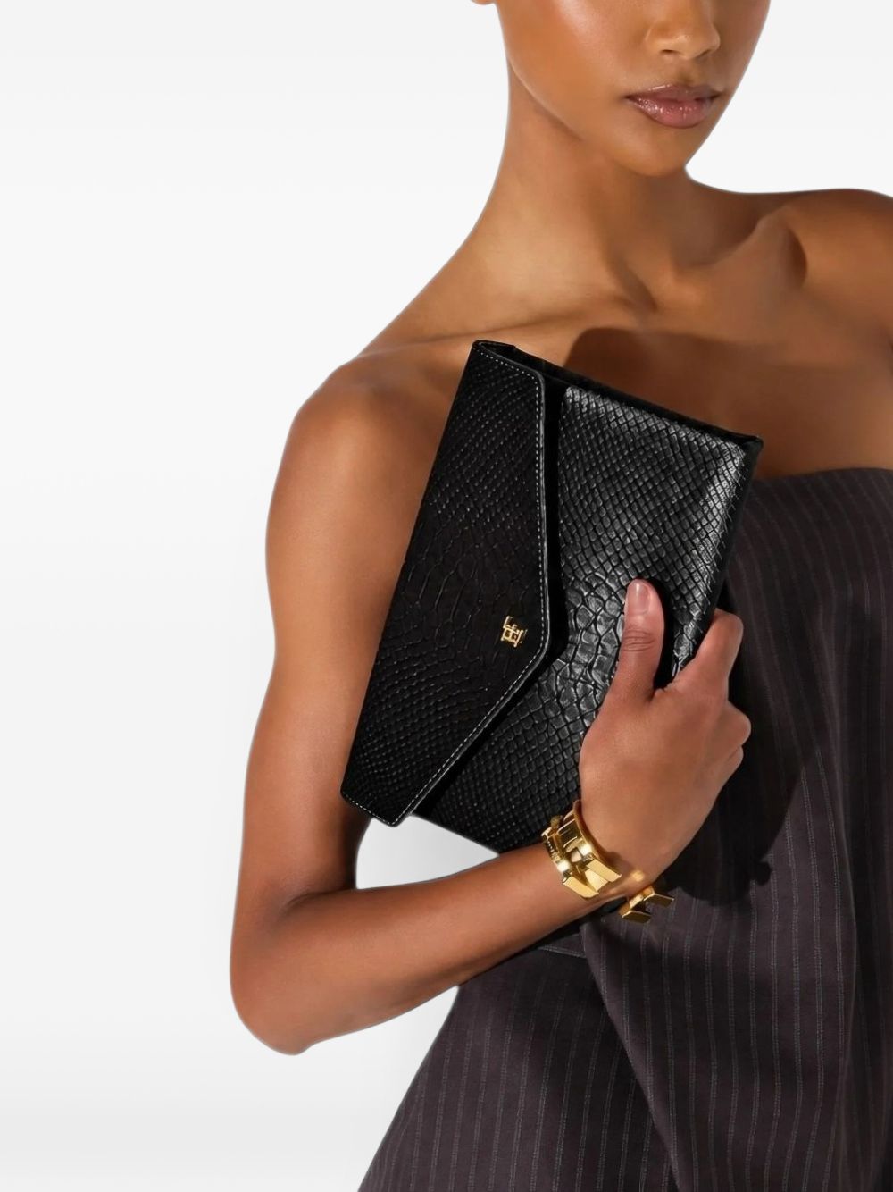 Elisabetta Franchi Crocodile-Effect Flap Clutch BLACK
