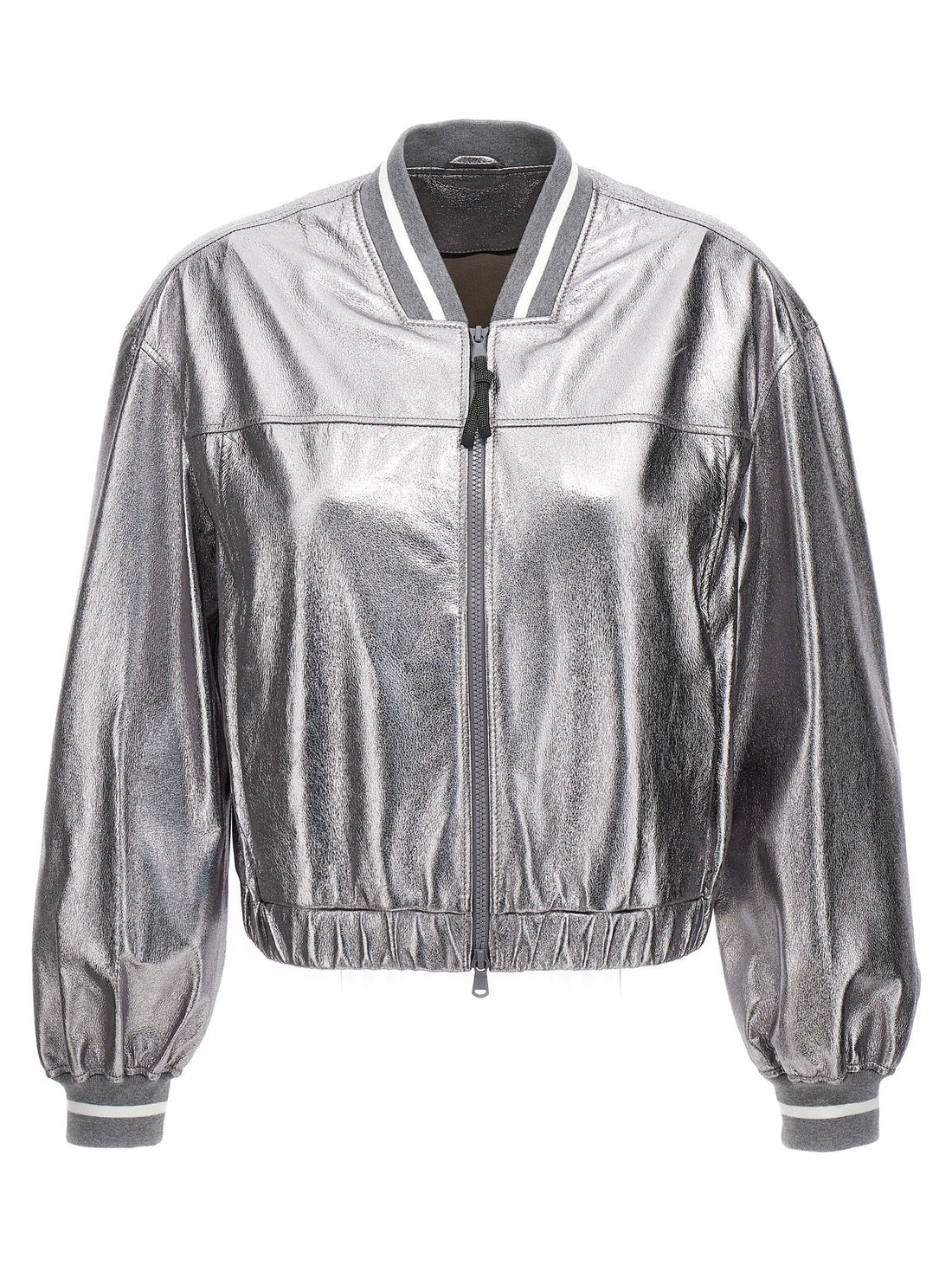 Brunello Cucinelli Laminated Leather Bomber Jacket Silver