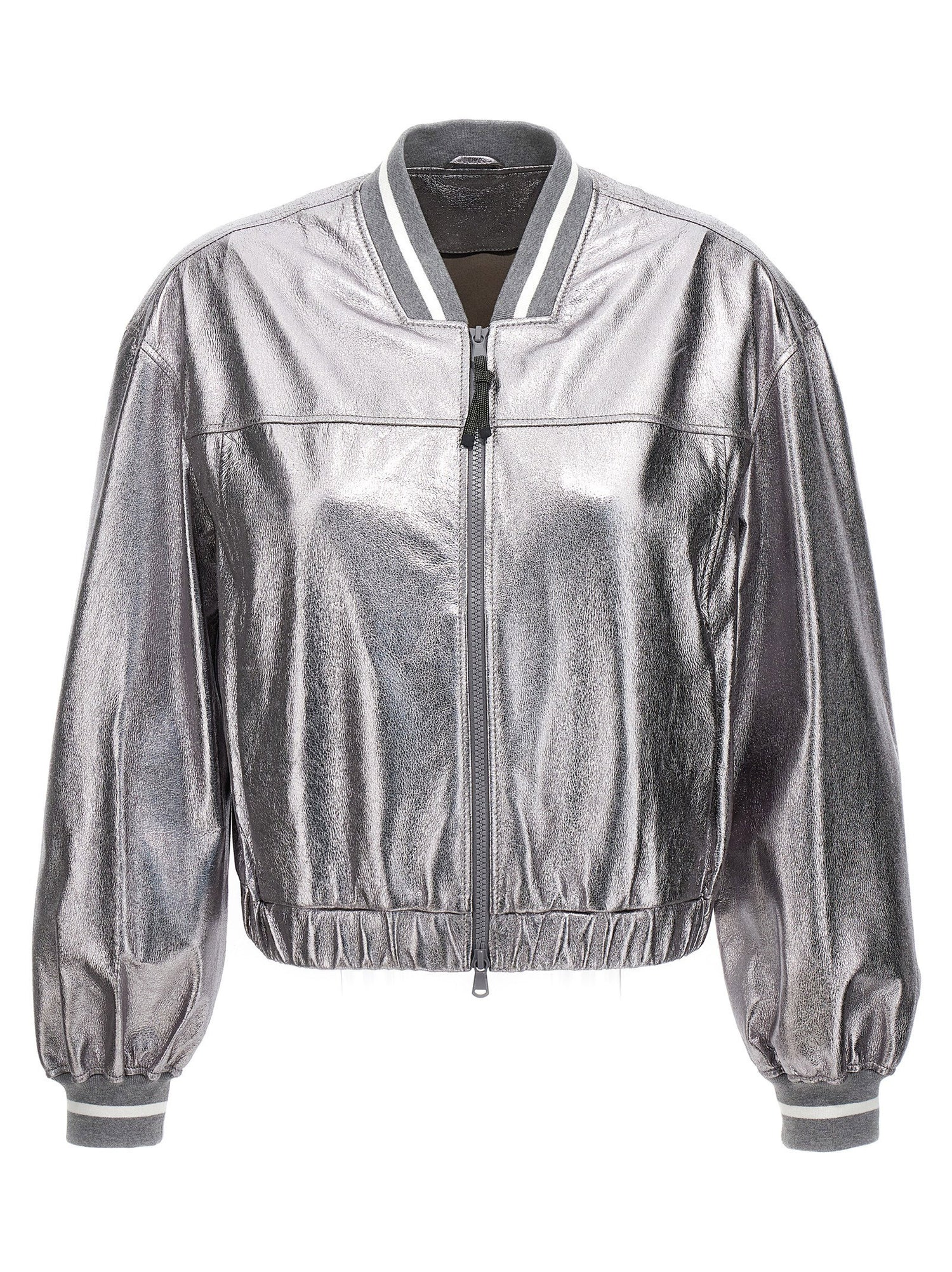 Brunello Cucinelli Laminated Leather Bomber Jacket Silver