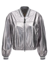 Brunello Cucinelli Laminated Leather Bomber Jacket Silver