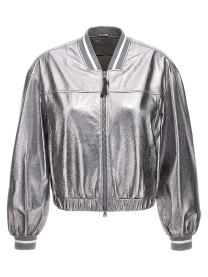 Brunello Cucinelli Laminated Leather Bomber Jacket Silver