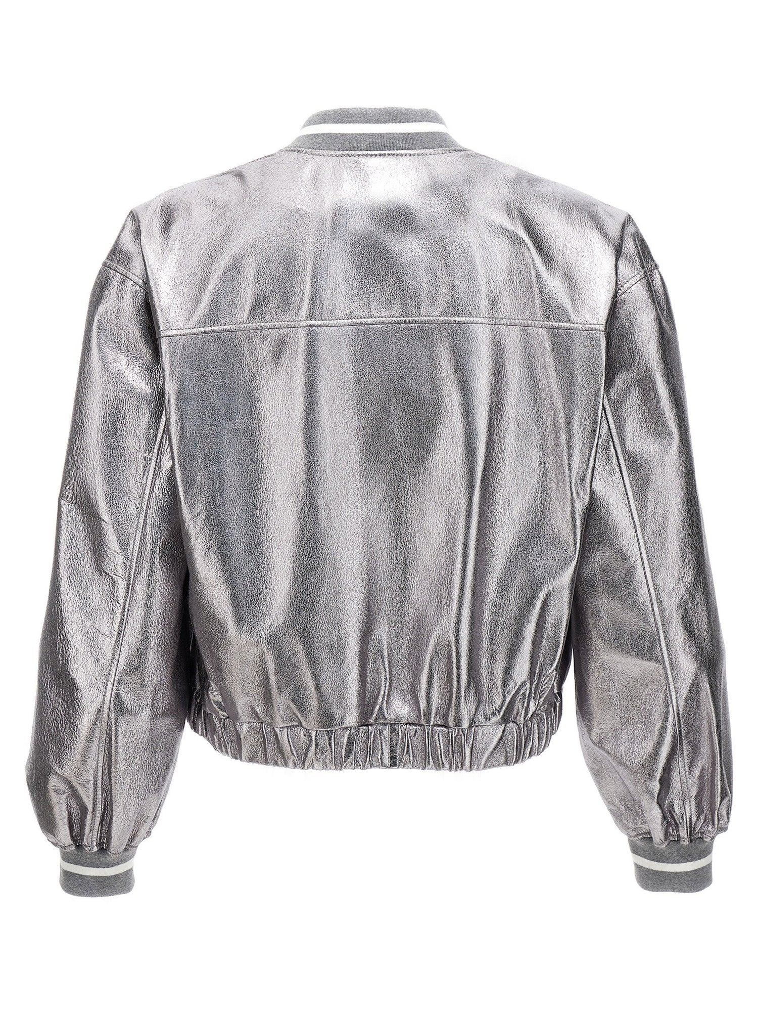 Brunello Cucinelli Laminated Leather Bomber Jacket Silver