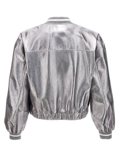 Brunello Cucinelli Laminated Leather Bomber Jacket Silver