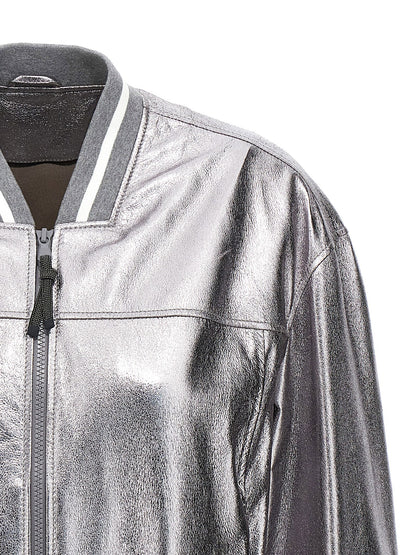 Brunello Cucinelli Laminated Leather Bomber Jacket Silver