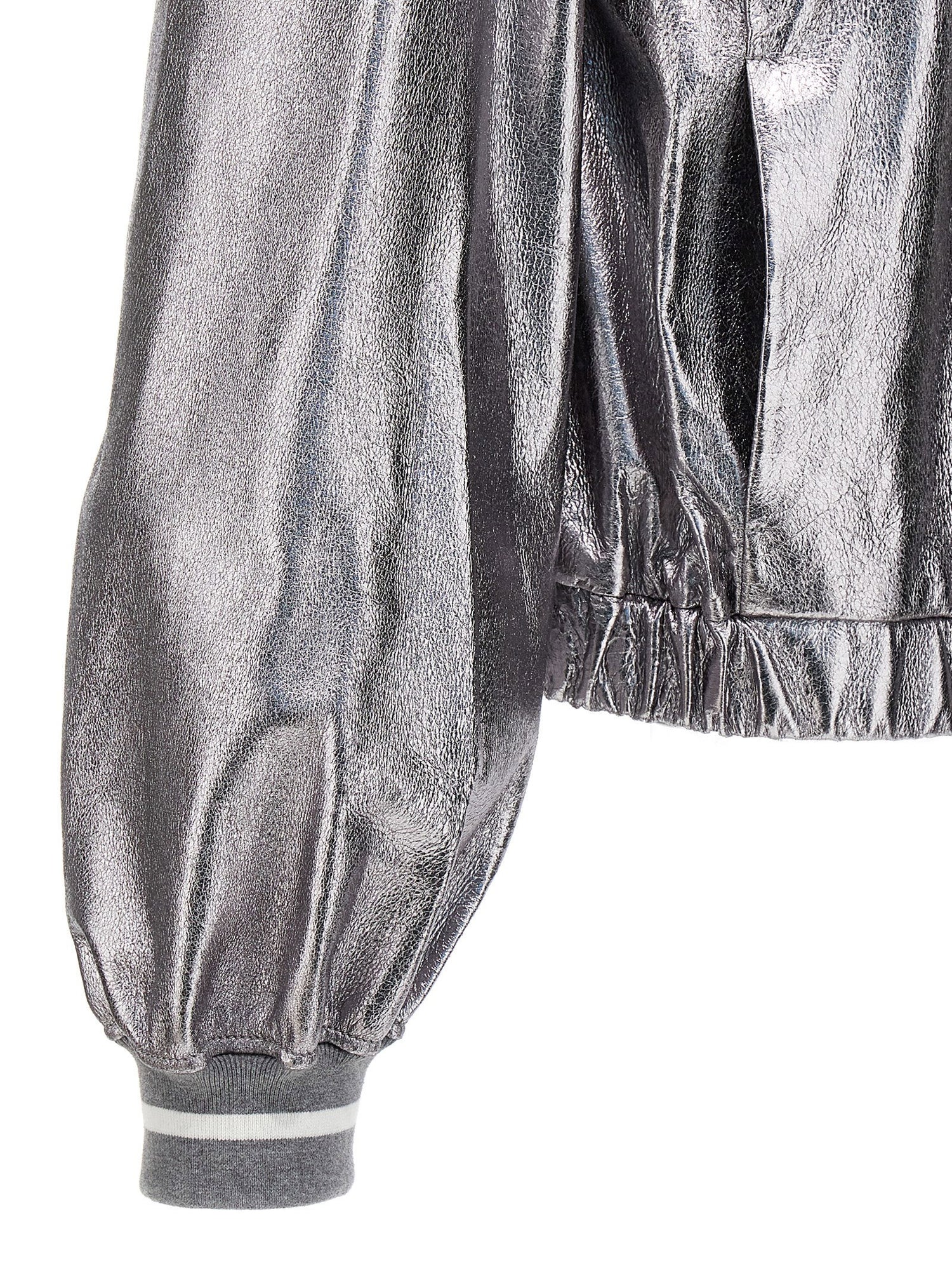 Brunello Cucinelli Laminated Leather Bomber Jacket Silver