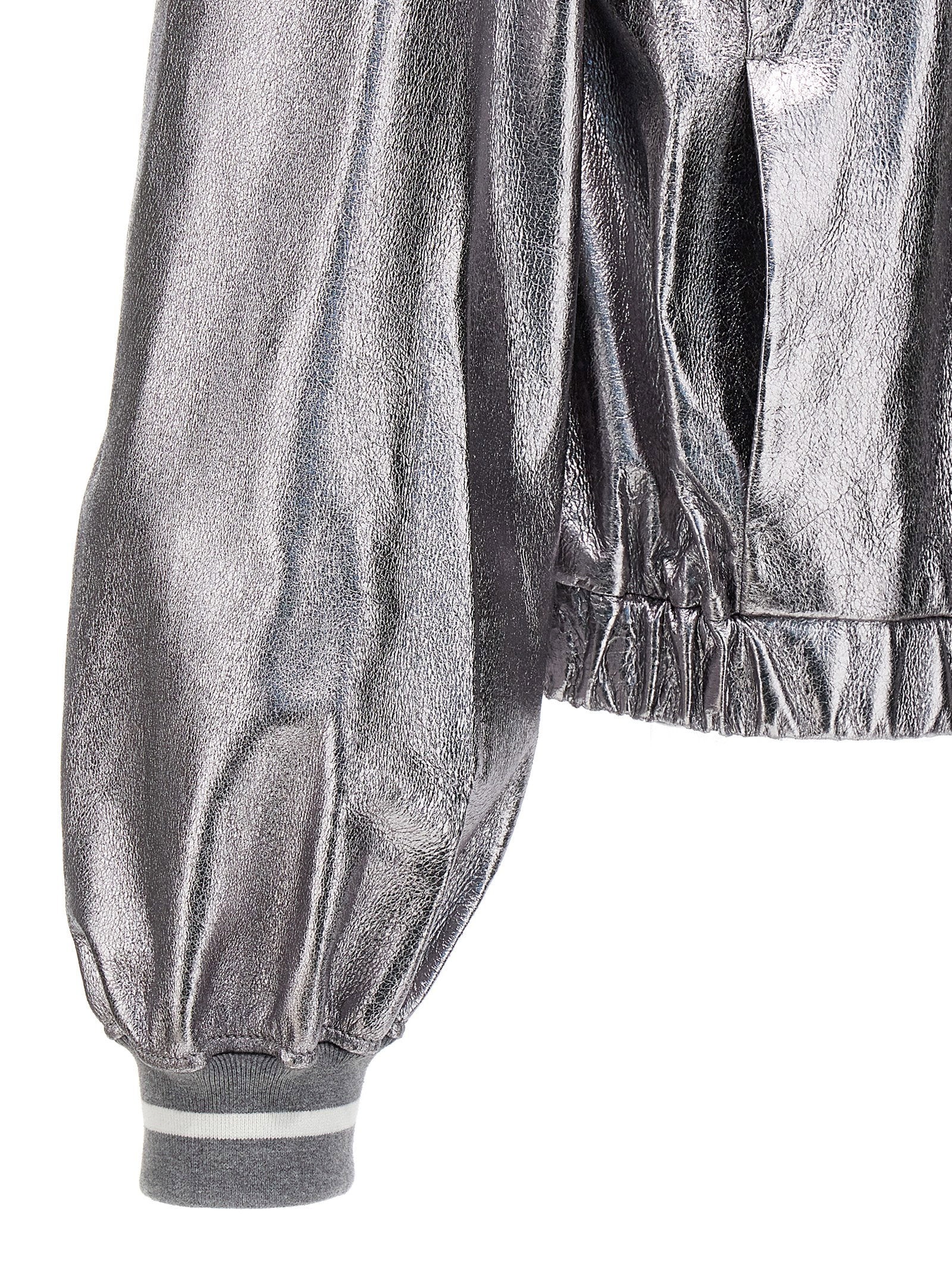 Brunello Cucinelli Laminated Leather Bomber Jacket Silver