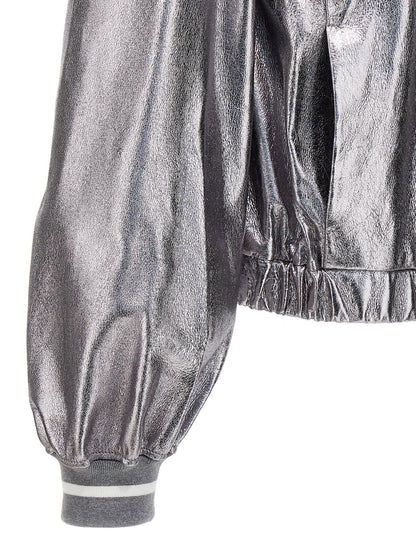 Brunello Cucinelli Laminated Leather Bomber Jacket Silver