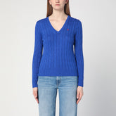 Polo Ralph Lauren Electric Blue Cable-Knit Cotton Jumper in V-Neck Blue