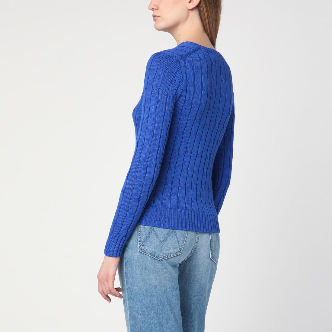 Polo Ralph Lauren Electric Blue Cable-Knit Cotton Jumper in V-Neck Blue