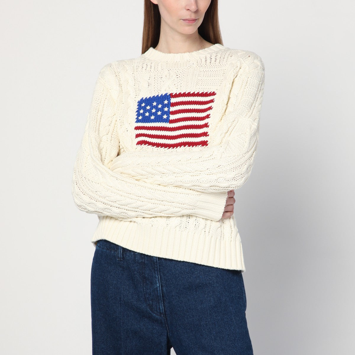 Polo Ralph Lauren Cream Cable-Knit Sweater with Flag Detail Green
