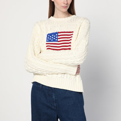 Polo Ralph Lauren Cream Cable-Knit Sweater with Flag Detail Green