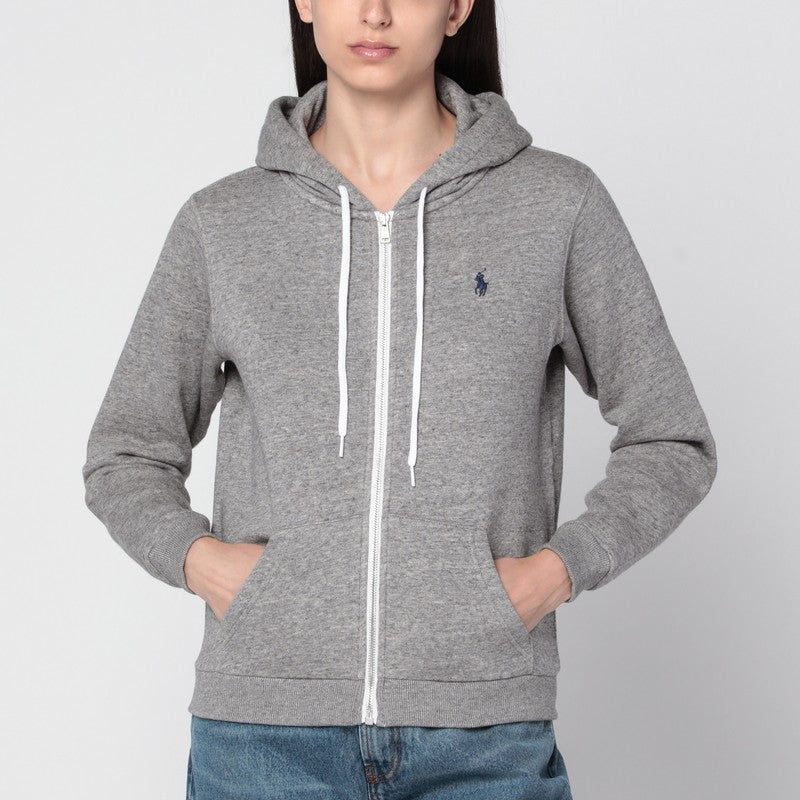 Polo Ralph Lauren Grey Zip-Up Cotton-Blend Sweatshirt with Embroidered Logo Grey