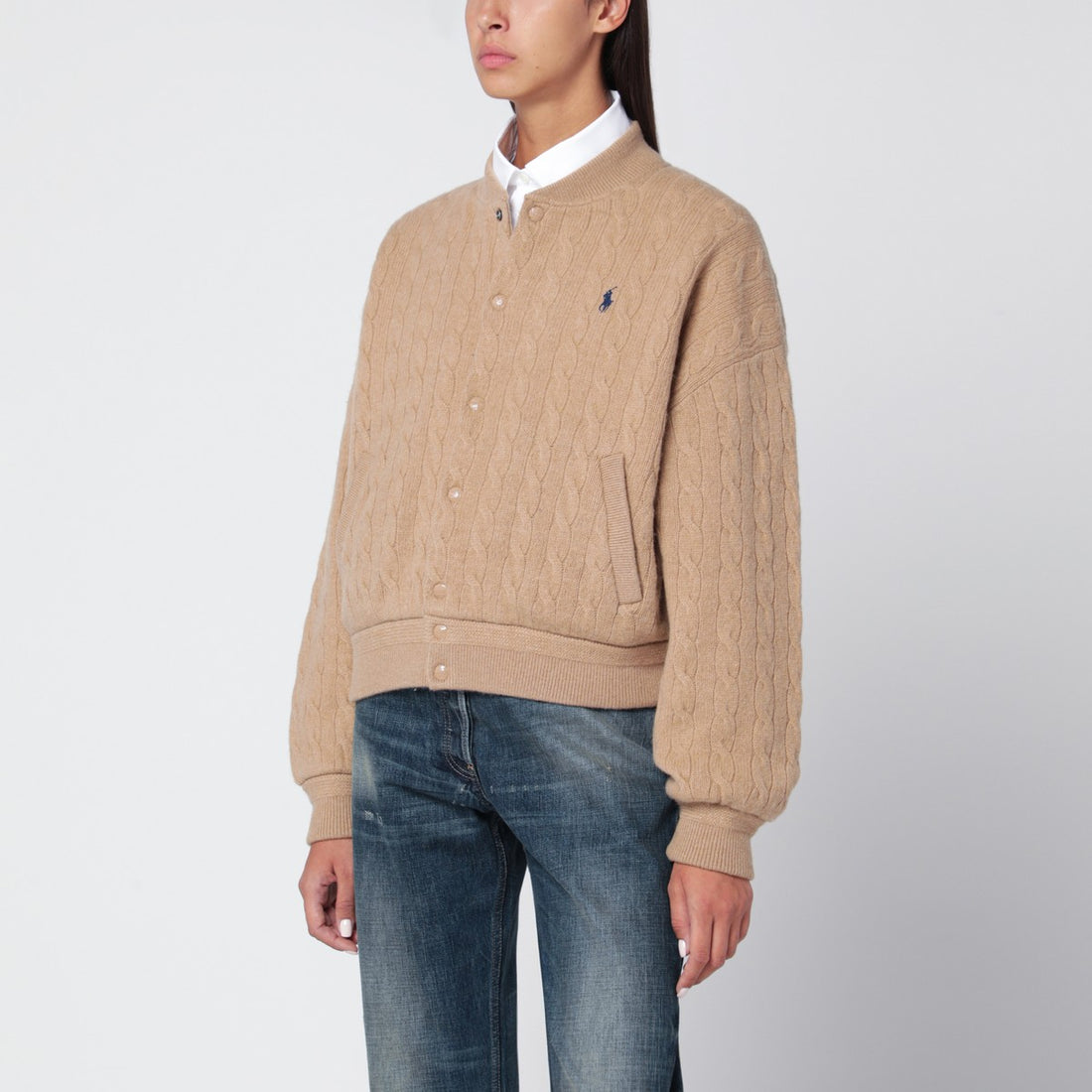 Polo Ralph Lauren Beige Wool and Cashmere Cable-Knit Bomber Jacket Pink