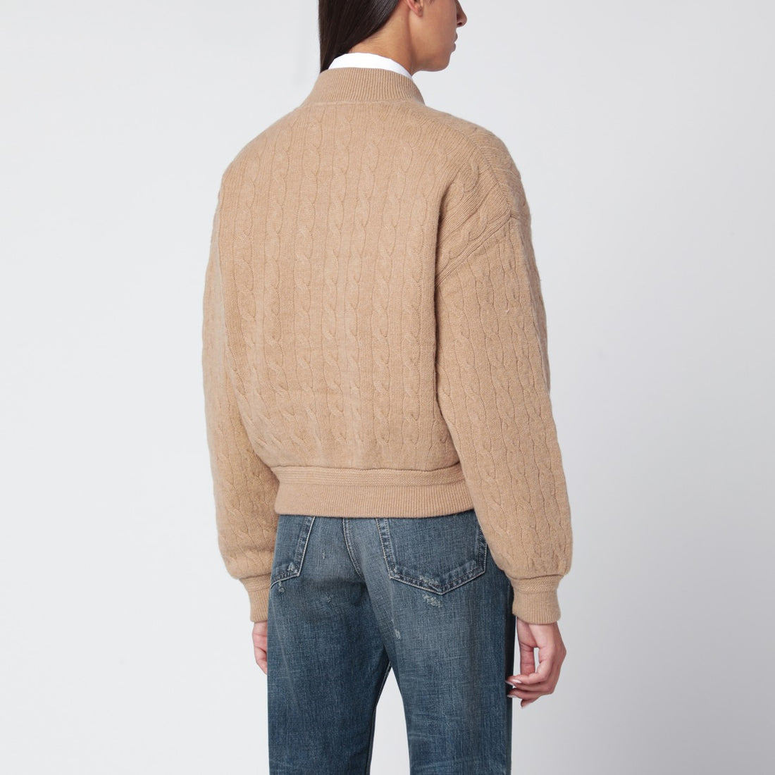 Polo Ralph Lauren Beige Wool and Cashmere Cable-Knit Bomber Jacket Pink