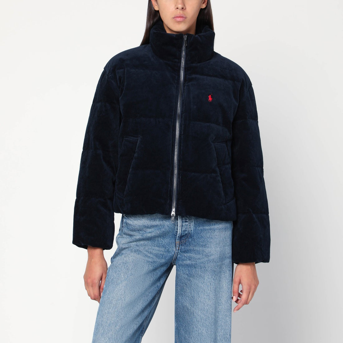 Polo Ralph Lauren Navy Blue Corduroy Puffer Jacket with Logo Embroidery Blue