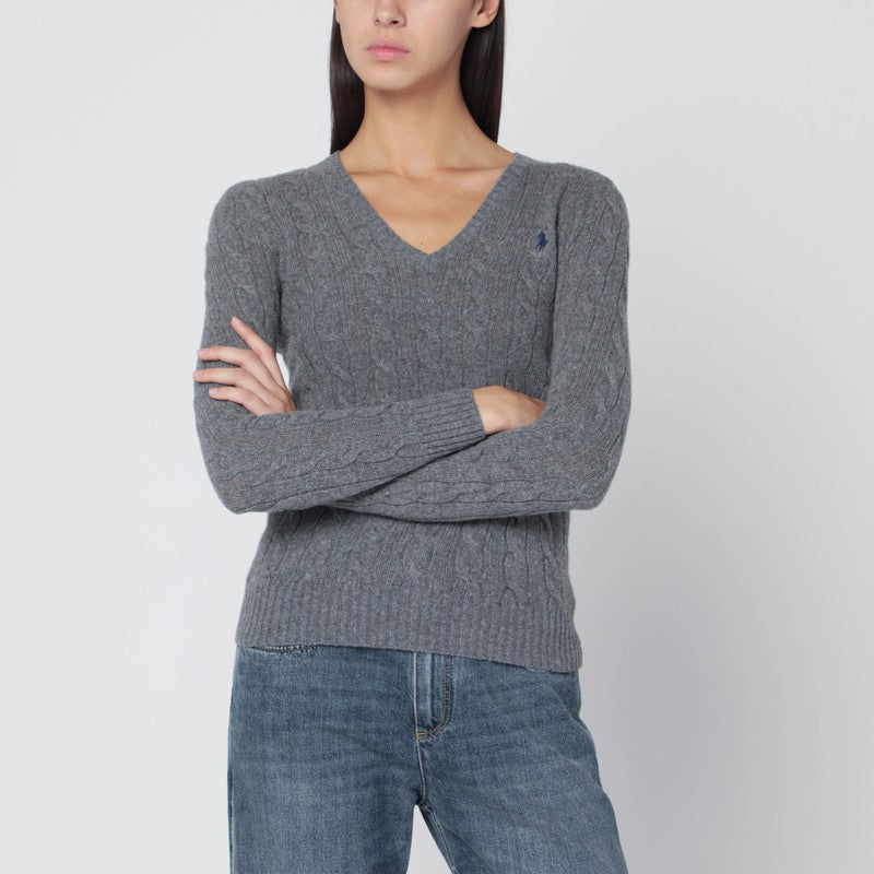 Polo Ralph Lauren Grey Wool-Cashmere Cable-Knit V-Neck Sweater Grey