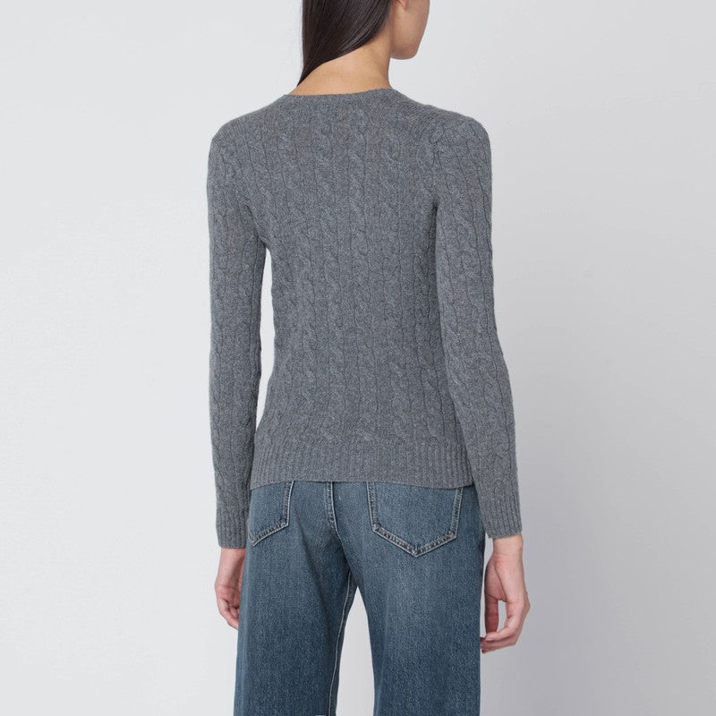Polo Ralph Lauren Grey Wool-Cashmere Cable-Knit V-Neck Sweater Grey