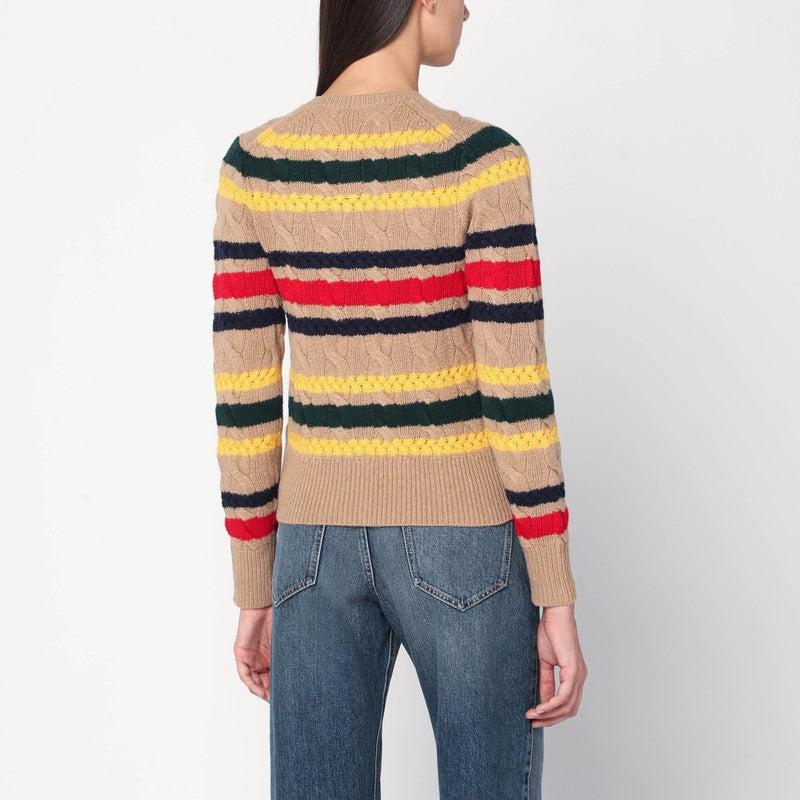 Polo Ralph Lauren Cable-Knit Wool and Cashmere Striped Cardigan Pink