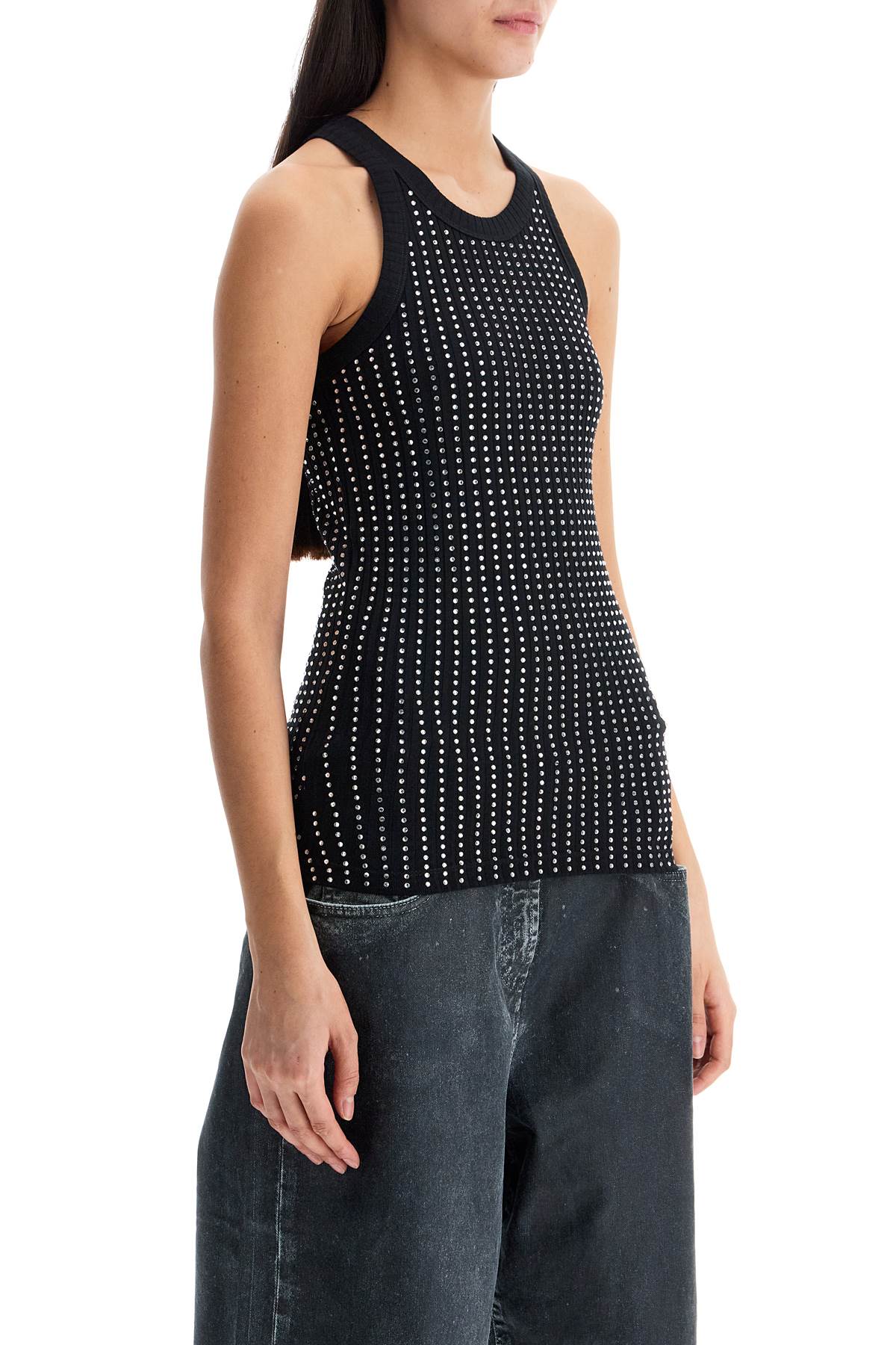 The Attico fitted black tank top with vertical stripes and rhinestones