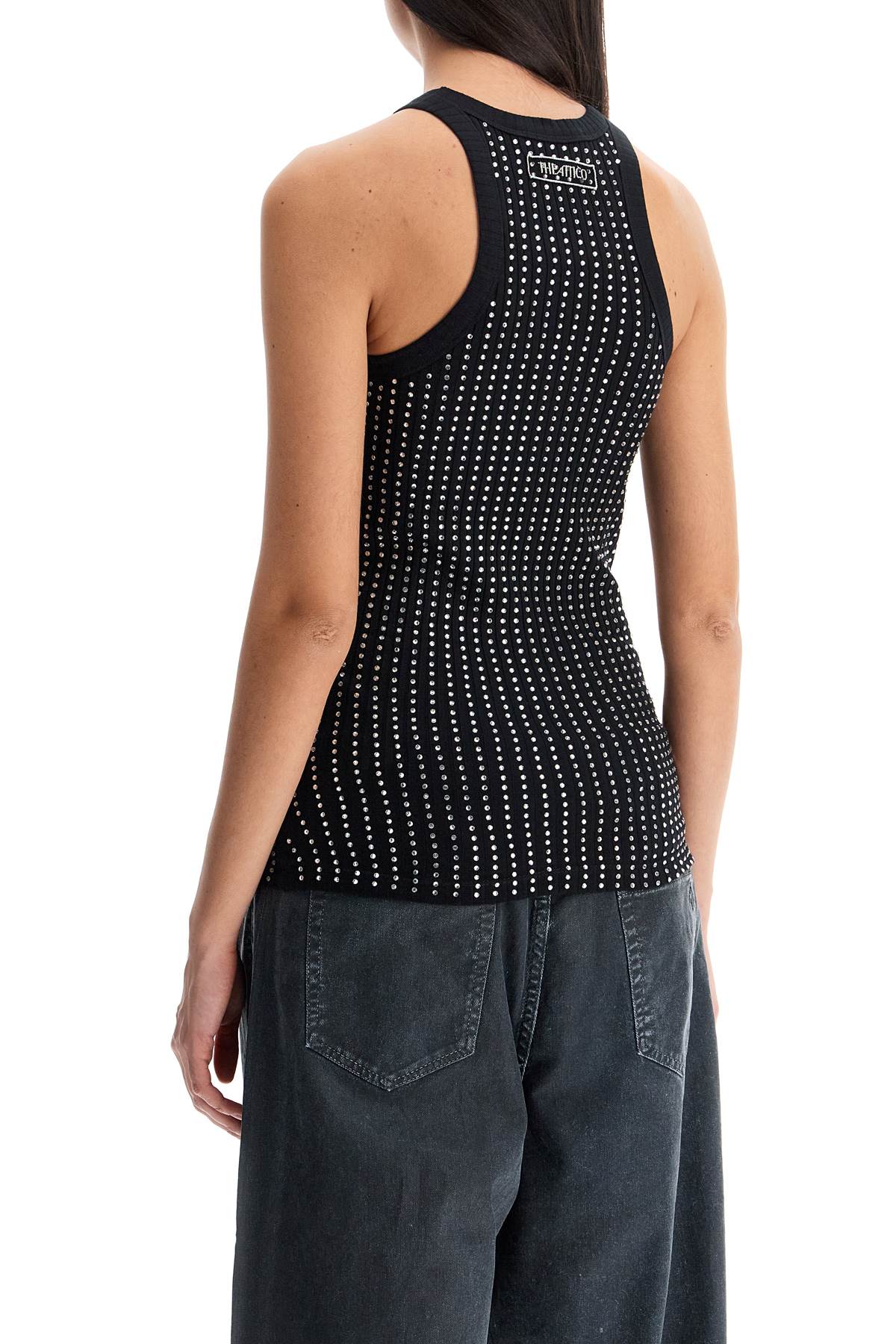 The Attico fitted black tank top with vertical stripes and rhinestones