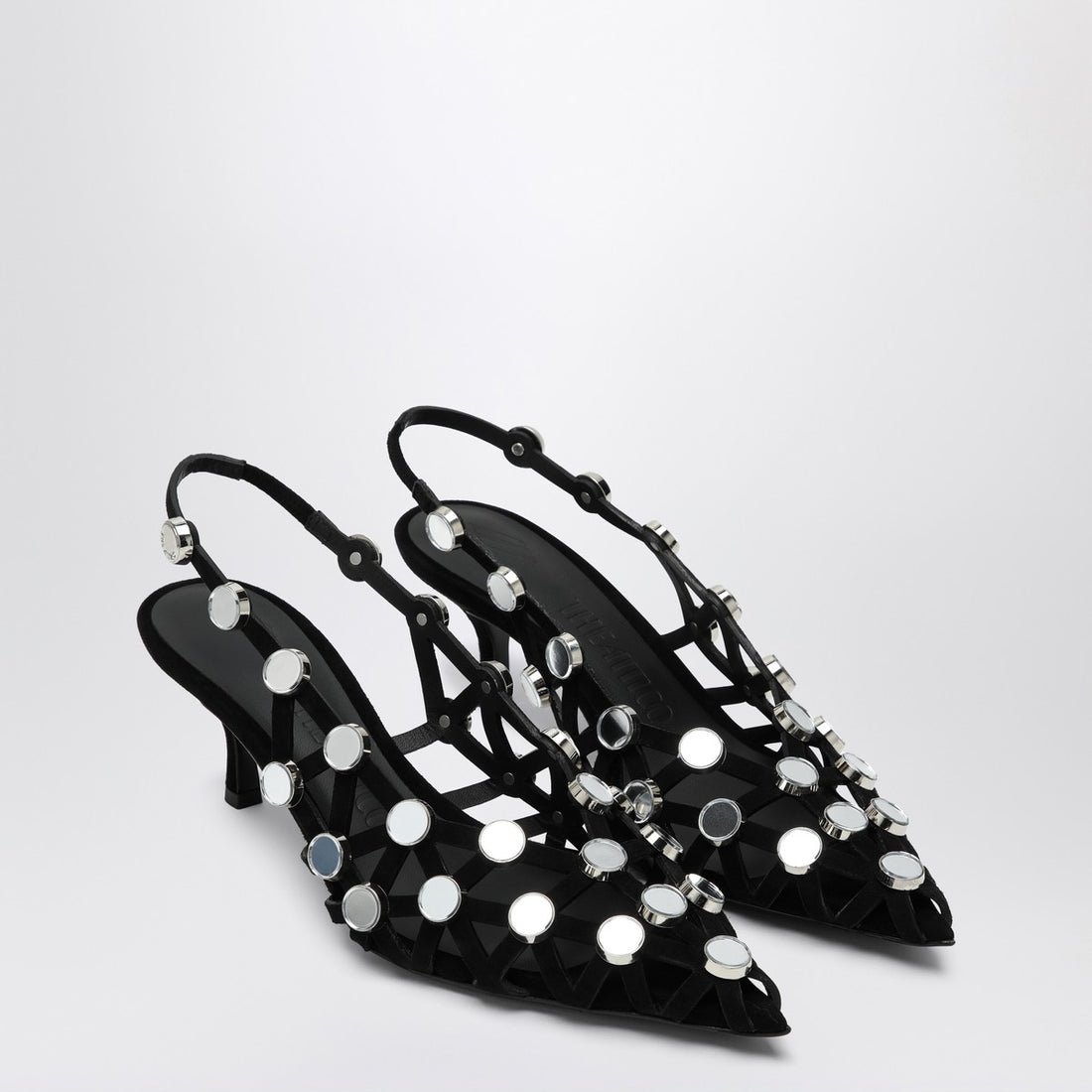 The Attico Black Mirror-Embellished Suede Slingback Pumps Black
