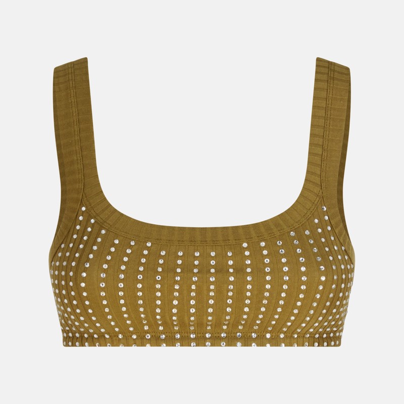 The Attico Military Green Ribbed Cotton Top with Rhinestones Green