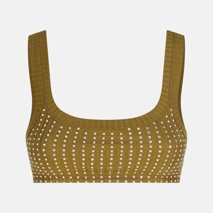 The Attico Military Green Ribbed Cotton Top with Rhinestones Green