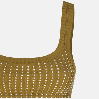 The Attico Military Green Ribbed Cotton Top with Rhinestones Green